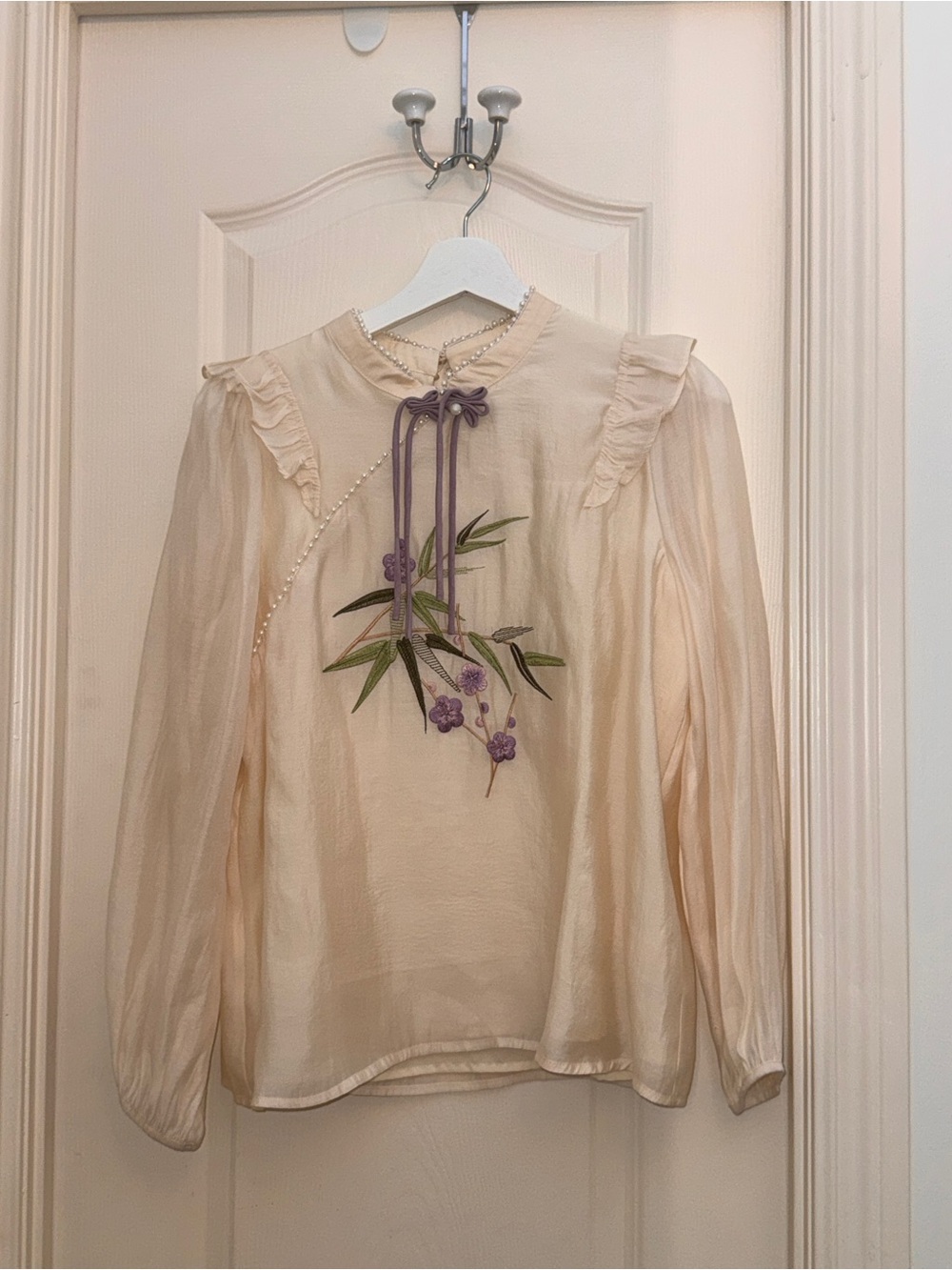 Elegant Cream Floral Tie-Neck Blouse